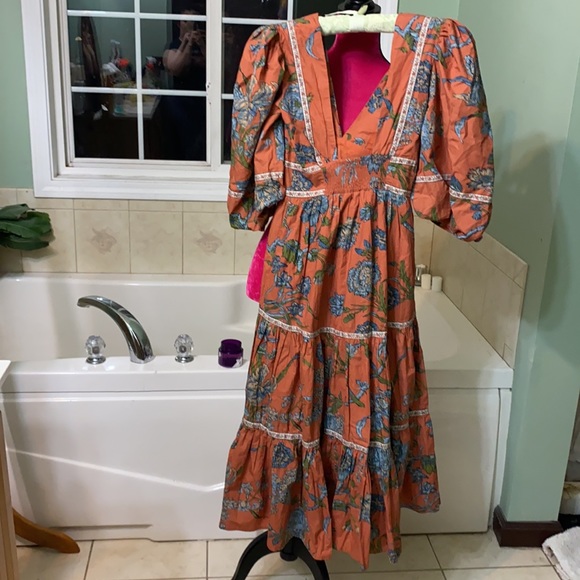 Anthropologie Love the Label Puffed Sleeves Orange Floral Tiered MIDI Dr… - Picture 8 of 13